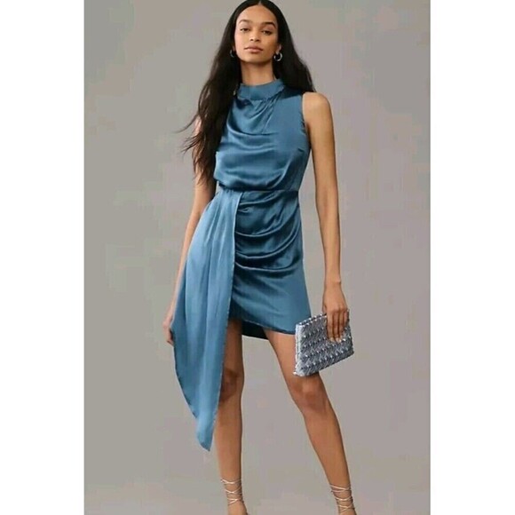 By Anthropologie Mock Neck Drape SILK Dress Blue Women’s Size 10 NWT - Picture 2 of 12